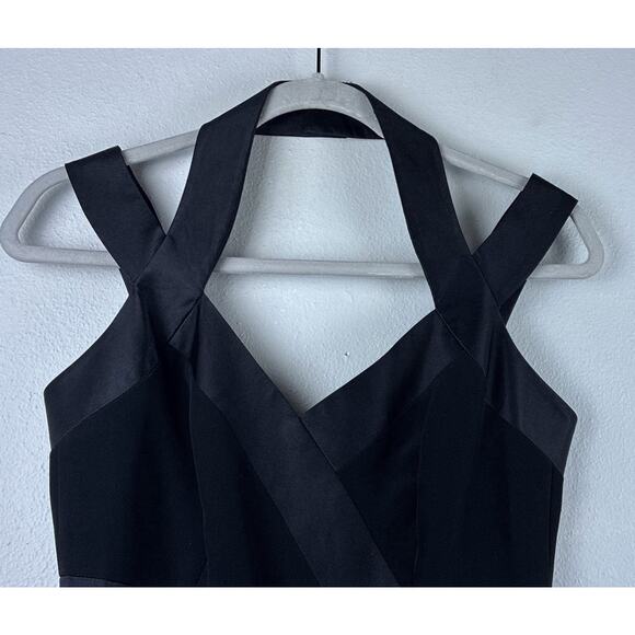 Vintage Cache Sz 4 Black Halter Straps Silky Trim Front Slit Lined Bandage Maxi - Picture 4 of 16